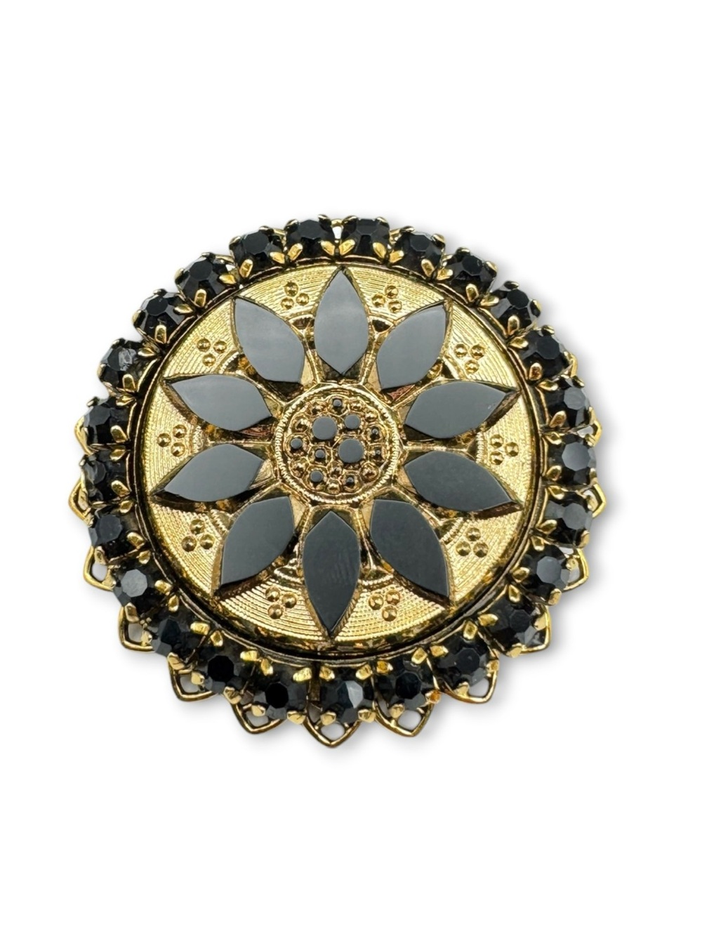 Vintage Victorian Revival Black Glass & Rhinestone Sunflower Brooch Pendant
